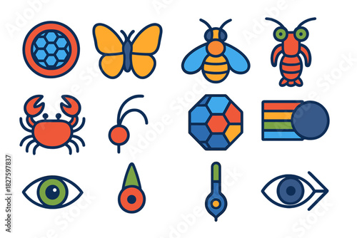 Insect Detection Icons. Flat vector icons of detection by insects and crustaceans: compound eye, butterfly, bee, mantis shrimp,