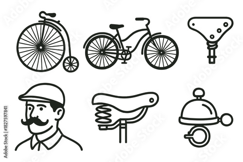 Vintage Bicycle Icons. Line style icons of vintage bicycles: penny-farthing, retro cruiser, leather saddle bike, handlebar