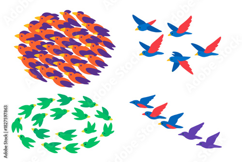 Bird Flocking Patterns. Isometric vector illustration set Bird Flocking Behavior: Dense starling murmuration, V-formation flight,