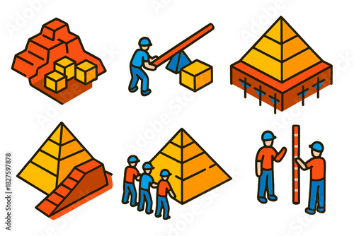 Geotechnical Pyramid Construction. Isometric vector illustration set Geotechnical engineering of pyramids: quarry blocks, lever