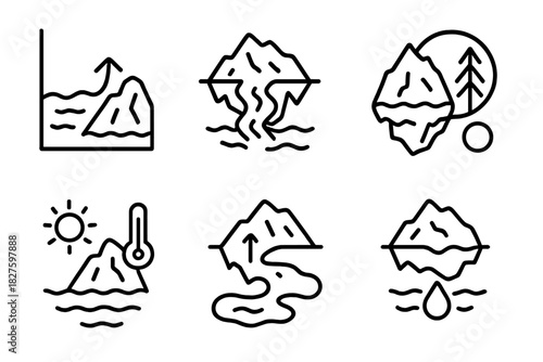 Glacial Impact Icons. Line style icons of environmental impact from glaciers: sea level rise chart, glacier loss affecting rivers,