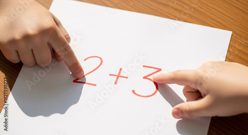 Excited kids learning simple math, fingers pointing to equation, fun educational activity, early childhood development, creative learning, homeschooling concept