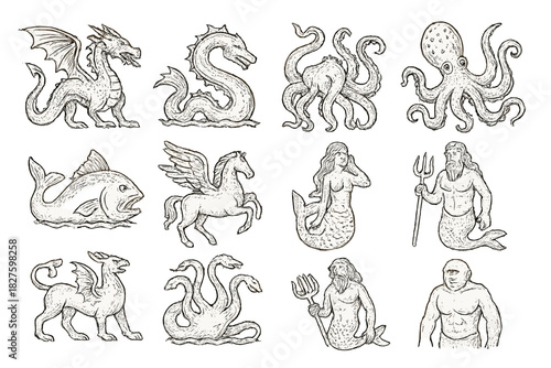 Mythical Creature Icons. Line style icons of mythical creatures on maps: dragon, leviathan, sea serpent, kraken; giant fish,