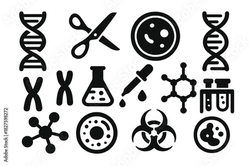Gene Editing Icons. Solid style icons of gene editing: DNA helix, CRISPR scissors, petri dish, genome strand, chromosome pair,