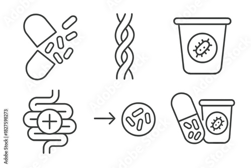 Probiotic Prebiotic Icons. Line style icons of Probiotics and Prebiotics: capsule with bacteria, dietary fiber strand, yogurt cup