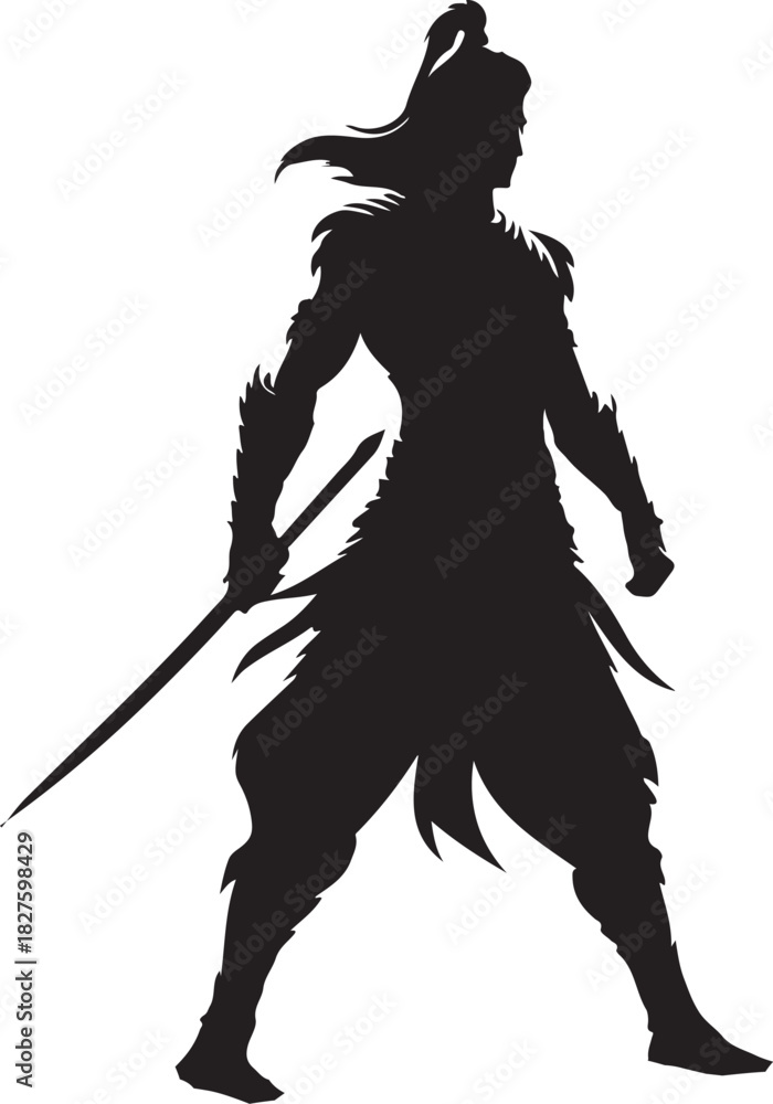 Naklejka premium This is a silhouette of an Indian warrior wielding a sword, showcasing a strong and formidable presence.
