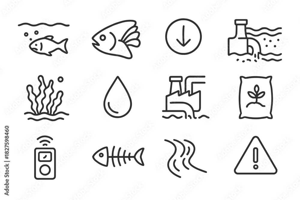 Fototapeta premium Coastal Pollution Icons. Line style icons of Coastal Pollution: Dead Zone, Fish Gill, Low Oxygen, Nutrient Overflow; Algae Bloom,