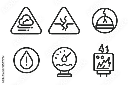 Terraforming Hazard Icons. Line style icons of terraforming failures and hazards: dust storm warning symbol, unstable soil sign,