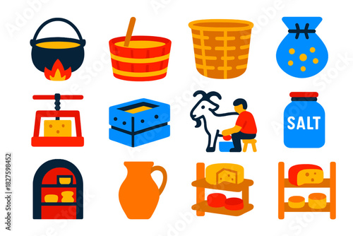 Traditional Cheese Icons. Flat vector icons of Traditional Cheese Making: open fire pot, wooden tub, stirring paddle, woven basket