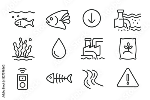Coastal Pollution Icons. Line style icons of Coastal Pollution: Dead Zone, Fish Gill, Low Oxygen, Nutrient Overflow; Algae Bloom,