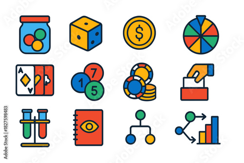 Probability Experiment Icons. Flat vector icons of probability experiments: urn with balls, dice roll, coin toss, spinners, cards