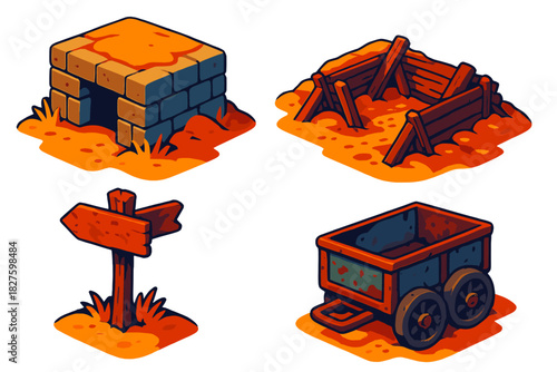 Forgotten Frontlines Icons. Isometric vector illustration set Forgotten Frontlines: Deserted bunker, trench with collapsed