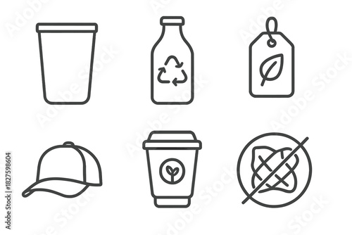 Eco-Friendly Line Icons. Line style icons of reusable and sustainable ware: stainless cup, recycled bottle glass, eco bottle tag,