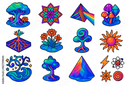 Psychedelic Nature Icons. Isometric vector illustration set Psychedelic Nature: magical forest, kaleidoscope patterns, radiant