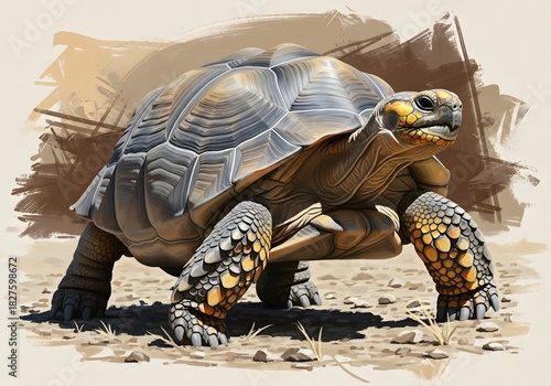 Painted Tortoise Walking on Dusty Ground 