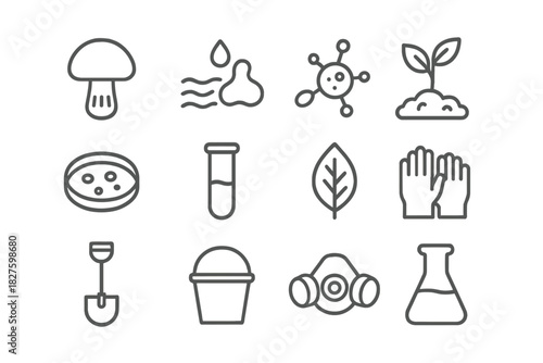 Bioremediation Lab Icons. Line style icons of Bioremediation Lab: Fungi, Oil Contamination, Toxin Capture, Soil Recovery; Petri