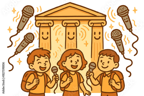 Cheerful Temple Acoustics. Friendly doodle temple acoustic survey with happy students, cartoon microphones floating, cheerful