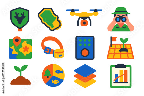Conservation Planning Icons. Flat vector icons of conservation planning: protected area sign, reserve boundary, monitoring drone,