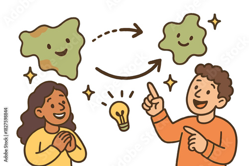 Playful Environmental Critique. Cheerful doodle environmental determinism critique with happy scholars, cartoon maps with faces,