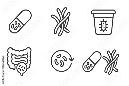 Probiotic Prebiotic Icons. Line style icons of Probiotics and Prebiotics: capsule with bacteria, dietary fiber strand, yogurt cup