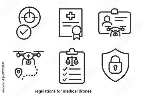 Medical Drone Regulations. Line style icons of regulations for medical drones: airspace approval symbol, compliance certificate