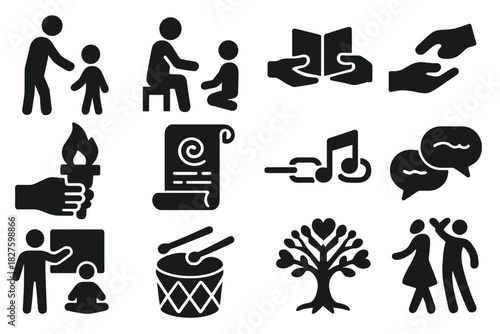 Cultural Transmission Icons. Solid style icons of cultural transmission: parent and child, storytelling scene, book passing,