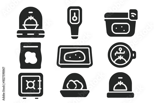 Future Food Storage Icons. Solid style icons of future food storage: cryo-meal chamber, shelf-life meter, smart container tag.