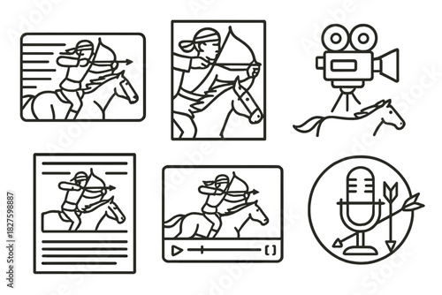 Mounted Archery Icons. Line style icons of mounted archery in media: photo finish image, dramatic shot magazine, film camera with