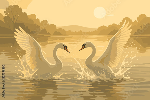 Swans in Golden Light. Dynamic shot of swans splashing in a calm lake under golden sunlight, natural vector illustration and