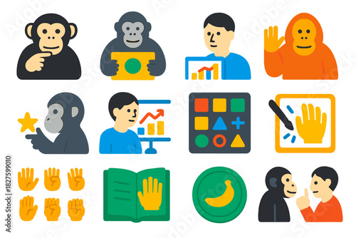Primate Communication Icons. Flat vector icons of primate language studies: chimpanzee signing hand, gorilla with board, bonobo