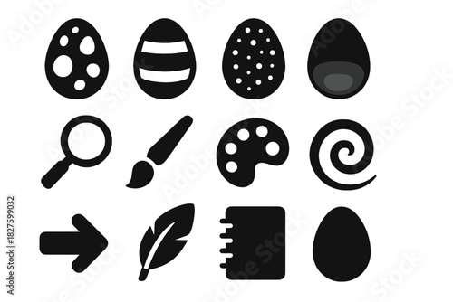 Colorful Egg Icons. Solid style icons of pigmentation and color patterns: spotted egg, striped egg, speckled egg, gradient pattern