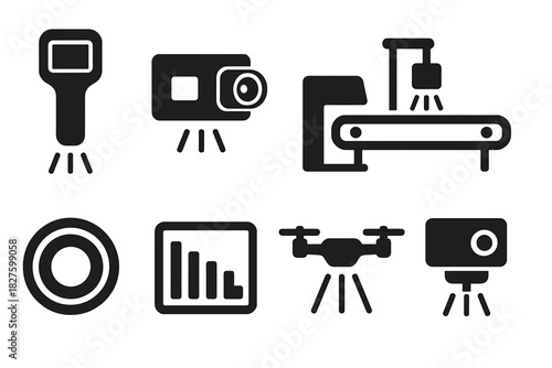 Hyperspectral Tool Icons. Solid style icons of hyperspectral scanning tools: handheld scanner, hyperspectral camera, conveyor belt
