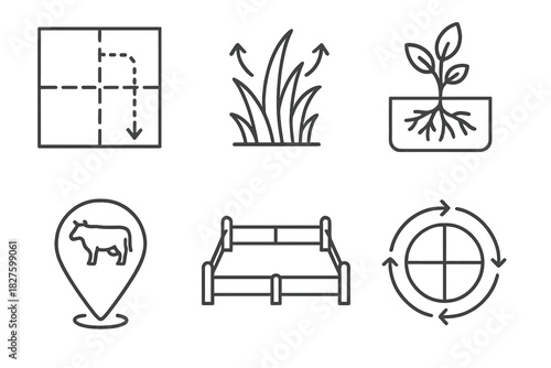 Sustainable Grazing Icons. Line style icons of Sustainable Grazing Practices: rotational grazing layout, grass regrowth icon, soil