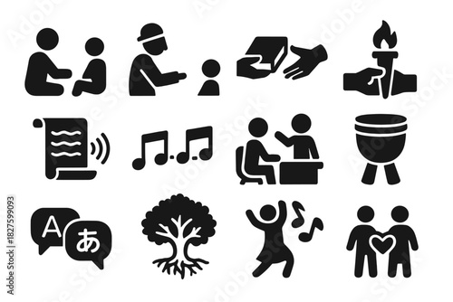 Cultural Transmission Icons. Solid style icons of cultural transmission: parent and child, storytelling scene, book passing,