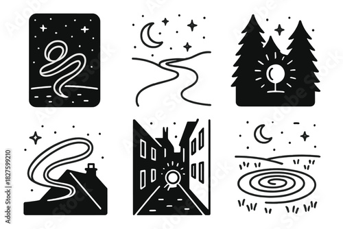 Nighttime Line Icons. Line style icons of nighttime compositions: starry background light painting, moonlit swirl path, dark