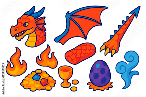 Mythical Dragon Icons. Isometric vector illustration set Mythology and folklore – dragon head, wing membrane, spiked tail; fire
