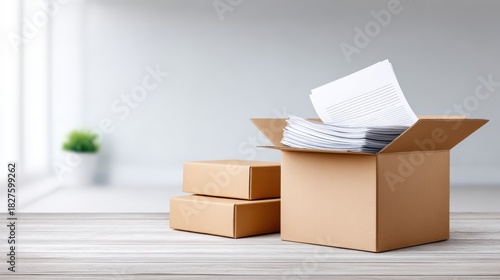 Cardboard boxes filled with documents and papers are placed on a wooden table in a bright room with natural light, symbolizing the process of moving house and organization