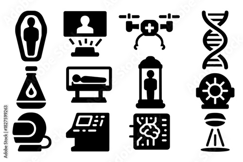 Futuristic Preservation Icons. Solid style icons of Futuristic Preservation: Cryo Pod, Holographic Screen, Medical Drone, DNA