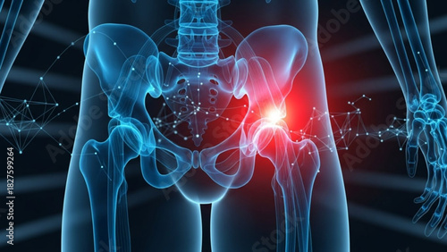 Anatomical illustration of the human pelvis and hip bones with associated pain highlighted in red color