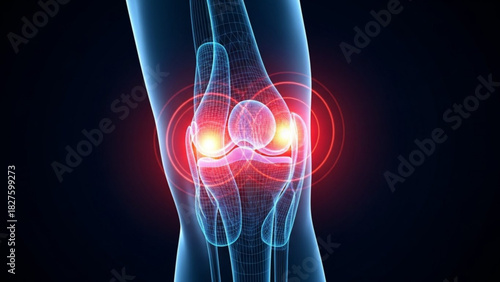 Anatomical knee joint illustration showing pain with red circles on a dark blue background design view