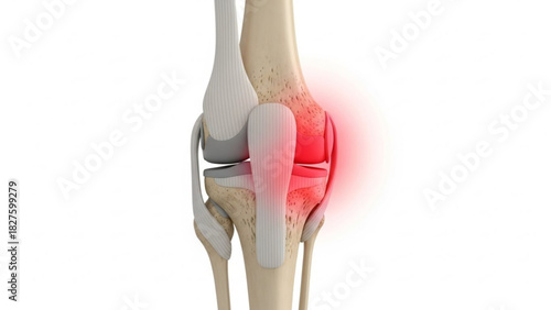 Anatomical knee joint illustration with red highlighting indicating inflammation and pain in the area shown
