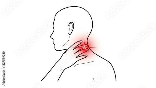 Outline of person holding their neck with red pain indicators and heartbeat symbol near the throat area