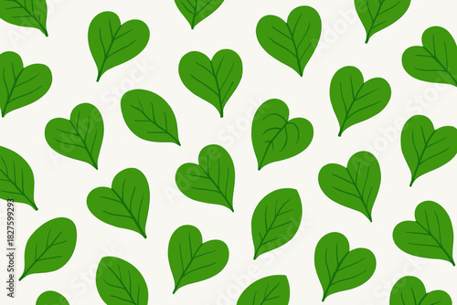 Green Heart Leaves Pattern. Minimalist pattern of green heart-shaped leaves arranged on a clean white background, vibrant tones,
