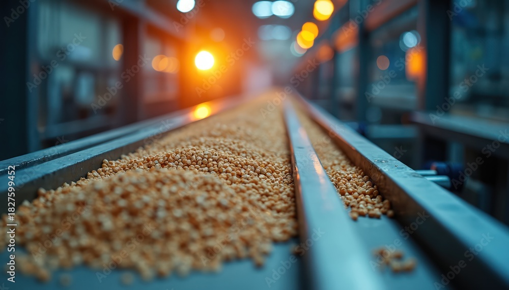 Naklejka premium Industrial conveyor belt moves biomass pellets. Closeup of organic fuel material under artificial light. Renewable energy production process in a factory.