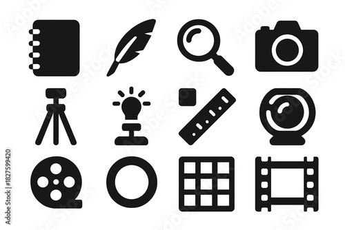 Scientific Tools Icons. Solid style icons of scientific observation and recording: notebook, quill, magnifying glass, camera,