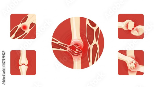 Illustration showing various joint and muscle injuries with red highlights for pain areas shown