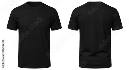 Front and back view of a plain black tshirt isolated on a white background, perfect for showcasing designs or as a basic apparel item