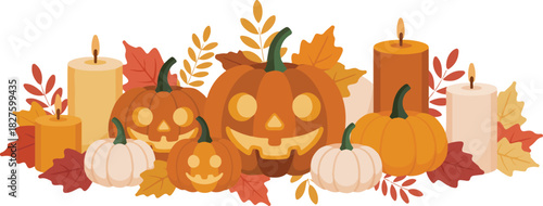 Halloween spooky pumpkin border with jack o lantern faces and burning candles surrounded by autumn leaves pixel art vector illustration for holiday banner