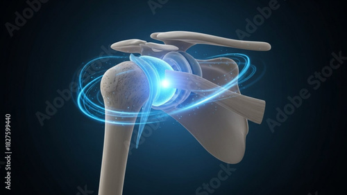 Anatomical representation of a shoulder joint with blue energy streams surrounding the joint area shown