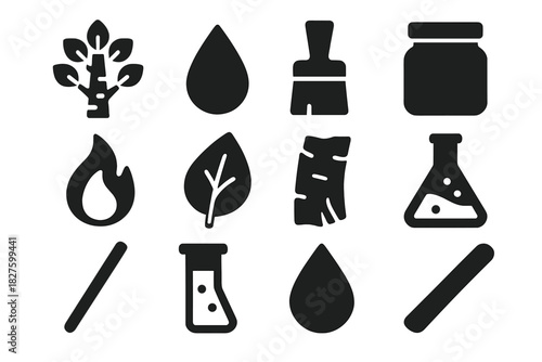 Birch Tar Icons. Solid style icons of birch tar and natural resins: birch tree, tar drop, brush, jar, fire flame, leaf, bark piece